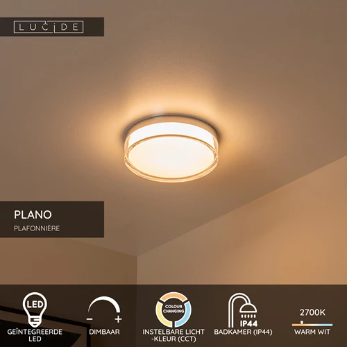 Lucide PLANO - Plafonnière Badkamer - Ø 23 cm - LED Dimb. - CCT - 1x11W 2700K/4000K - IP44 - Opaal - USP